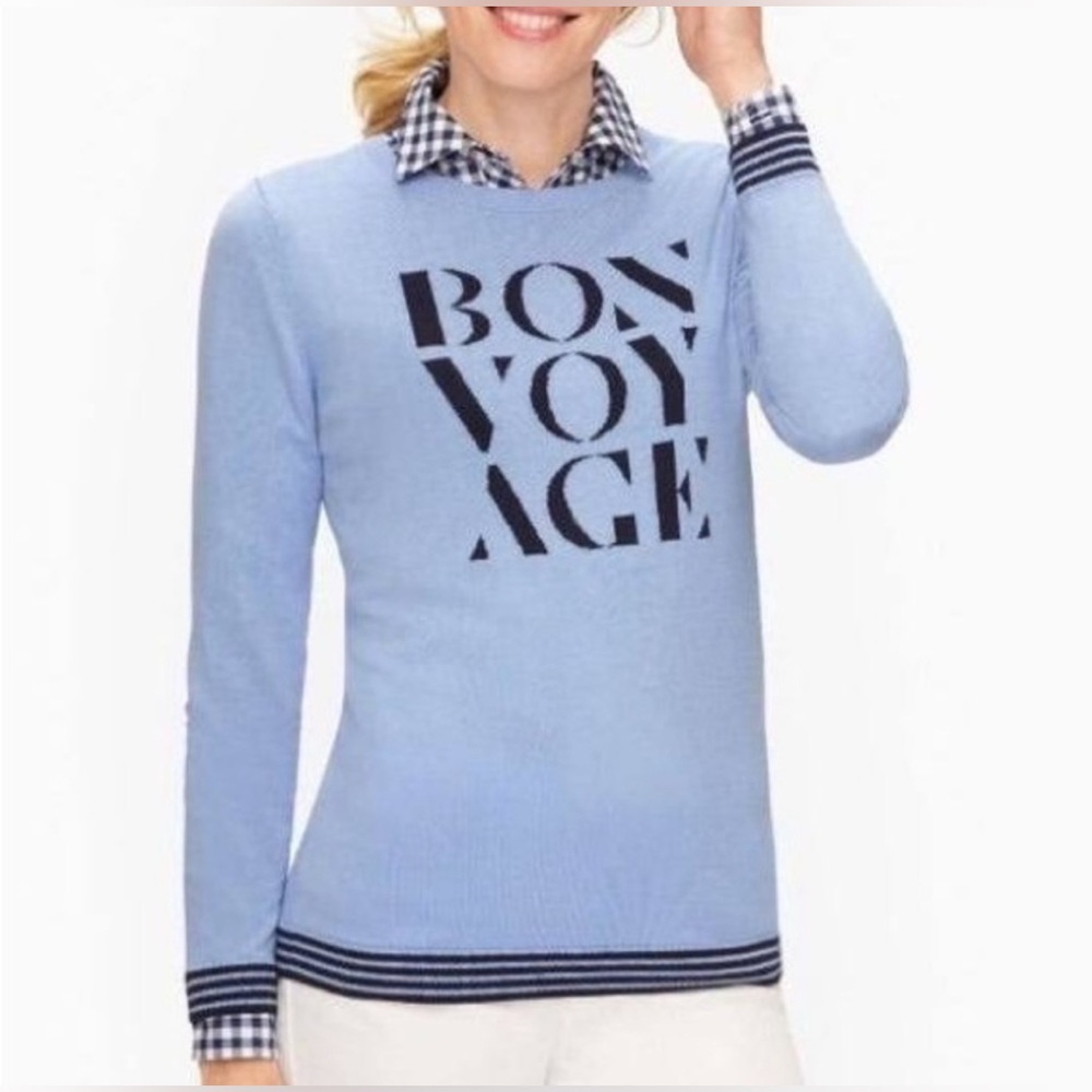 Talbots Sky Blue Lightweight Knit Top with BON VOYAGE message Sz M